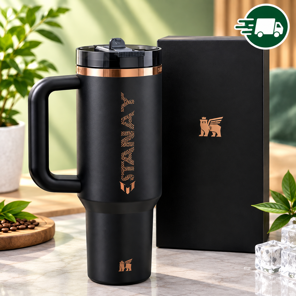 Insulated Travel Tumbler with Handle – Black Stainless Steel Water Bottle