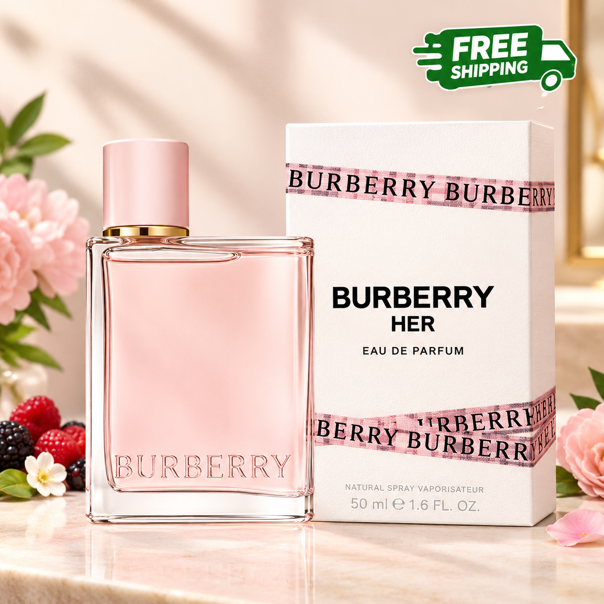 Burberry Her Eau de Parfum 50ml perfume bottle and box displayed in a soft pink luxury setting with flowers and berries.