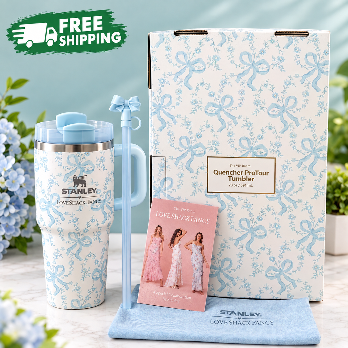 Stanley Quencher ProTour 20 oz tumbler with LoveShackFancy floral bow design and matching gift box