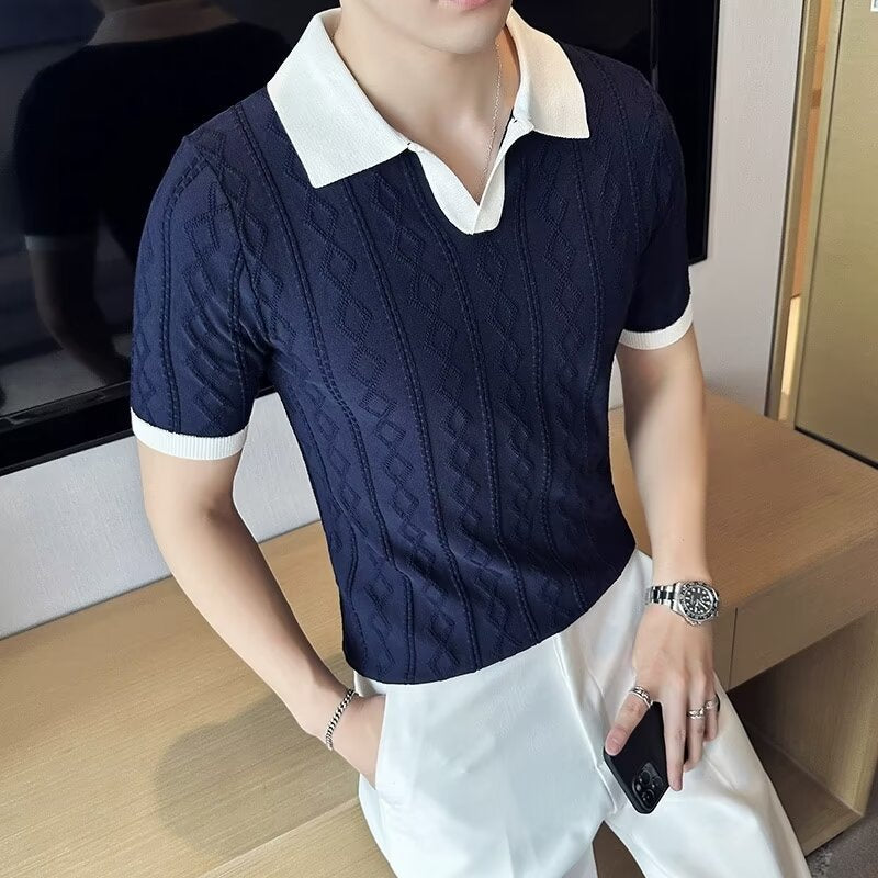 Lapel Polo Shirt Men Jacquard Contrast Color