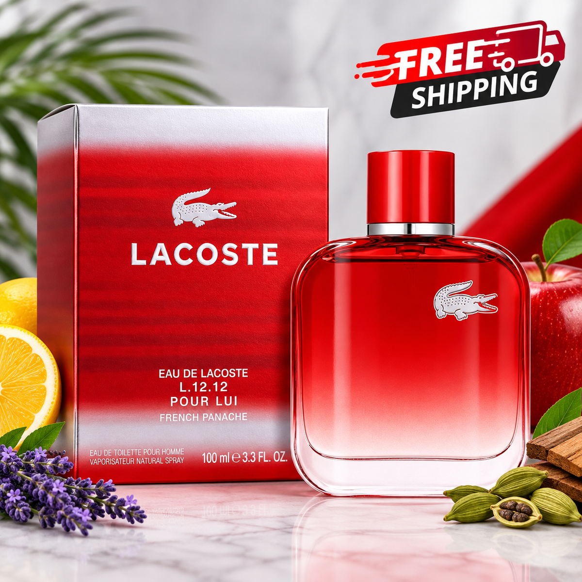 Lacoste L.12.12 French Panache Pour Lui Eau de Toilette 100ml for Men with red fragrance bottle and box