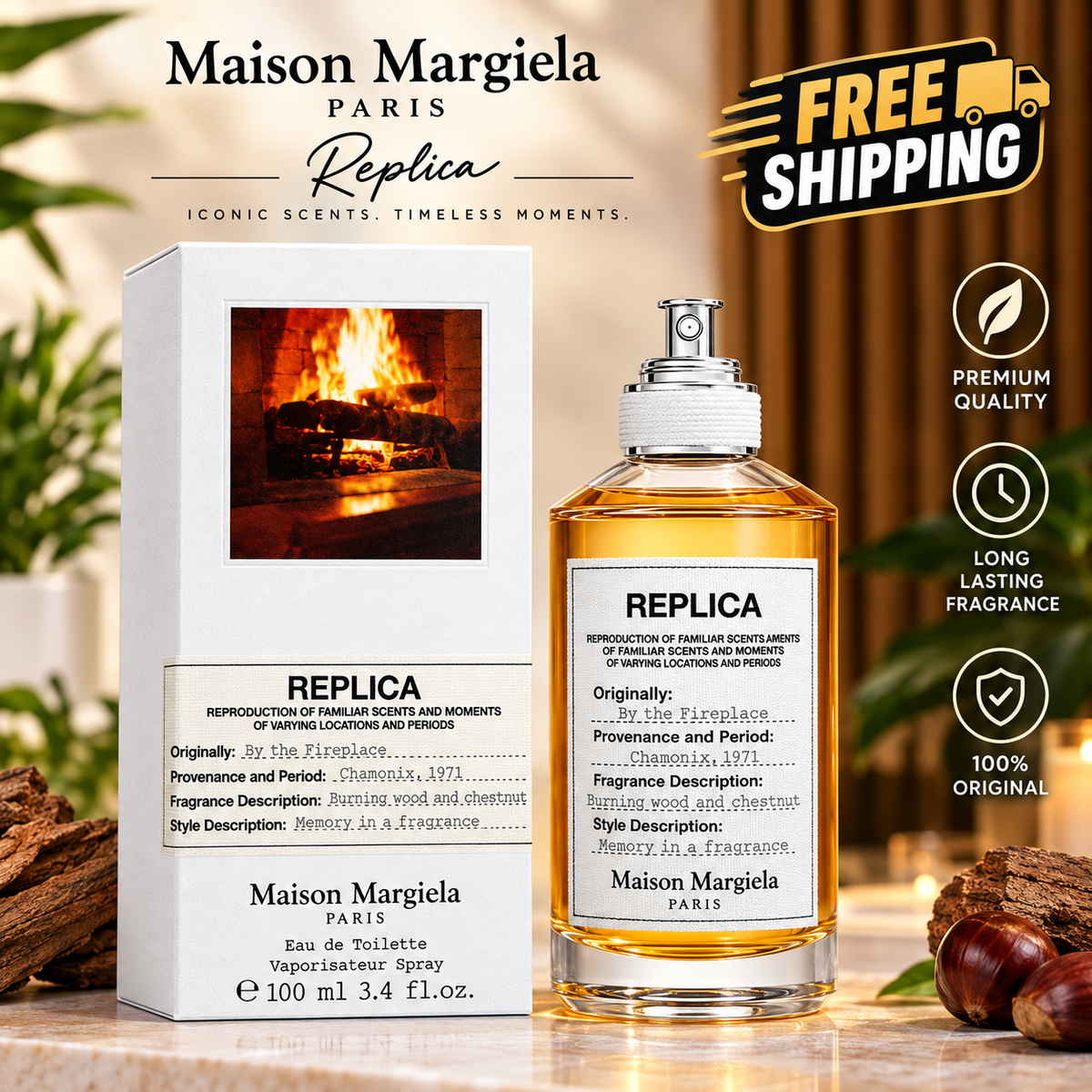 Maison Margiela Replica By the Fireplace perfume bottle and box displayed on a marble surface with a warm fireplace background