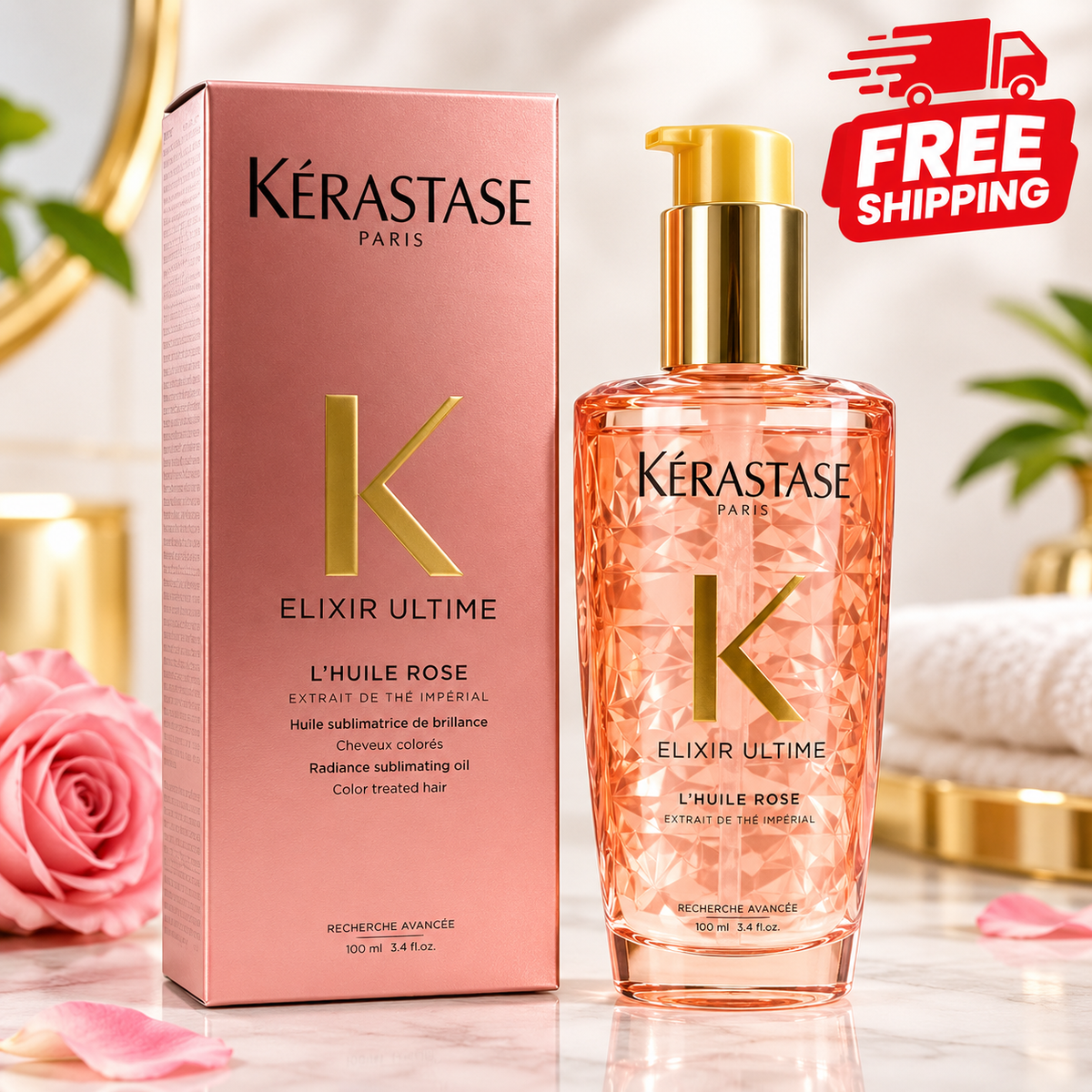 Kérastase Elixir Ultime L’Huile Rose hair oil 100ml bottle and box
