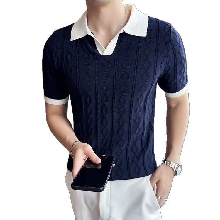 Lapel Polo Shirt Men Jacquard Contrast Color