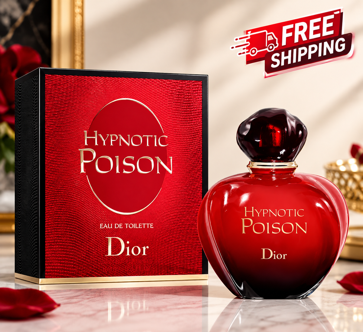 Luxury red perfume bottle and matching red perfume box displayed on a marble surface with a dark red background and rose petals