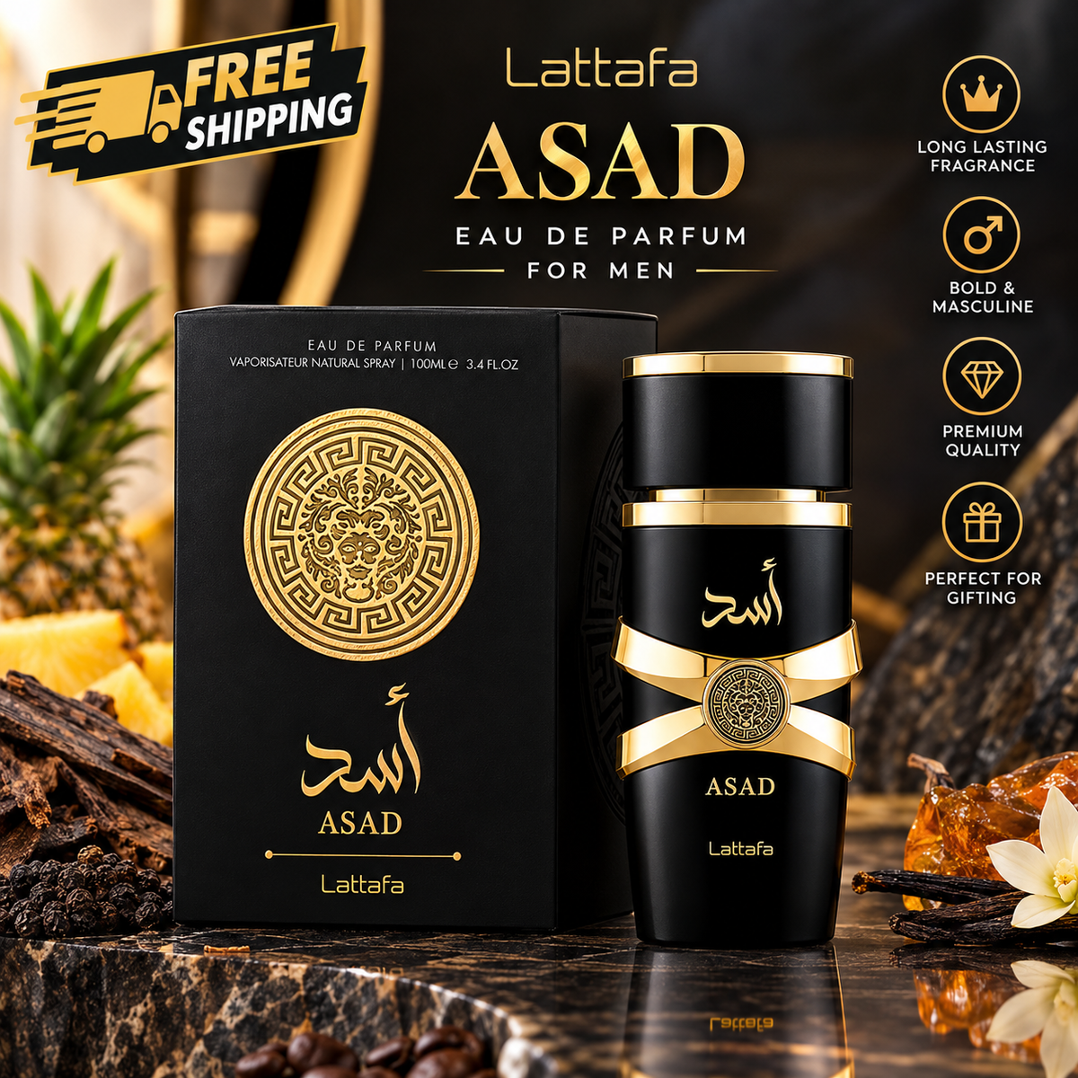 Lattafa Asad Eau de Parfum for Men 100ml black and gold perfume bottle and box