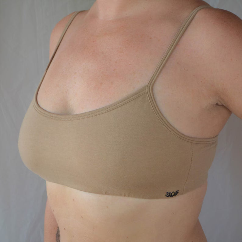 Sand Zen Sports Bra: Beige Cotton Minimalist Bra Yoga Top with Adjustable Straps