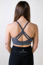 Recycled Activewear Strappy Sports Bra, Grey Cross-Strap Design