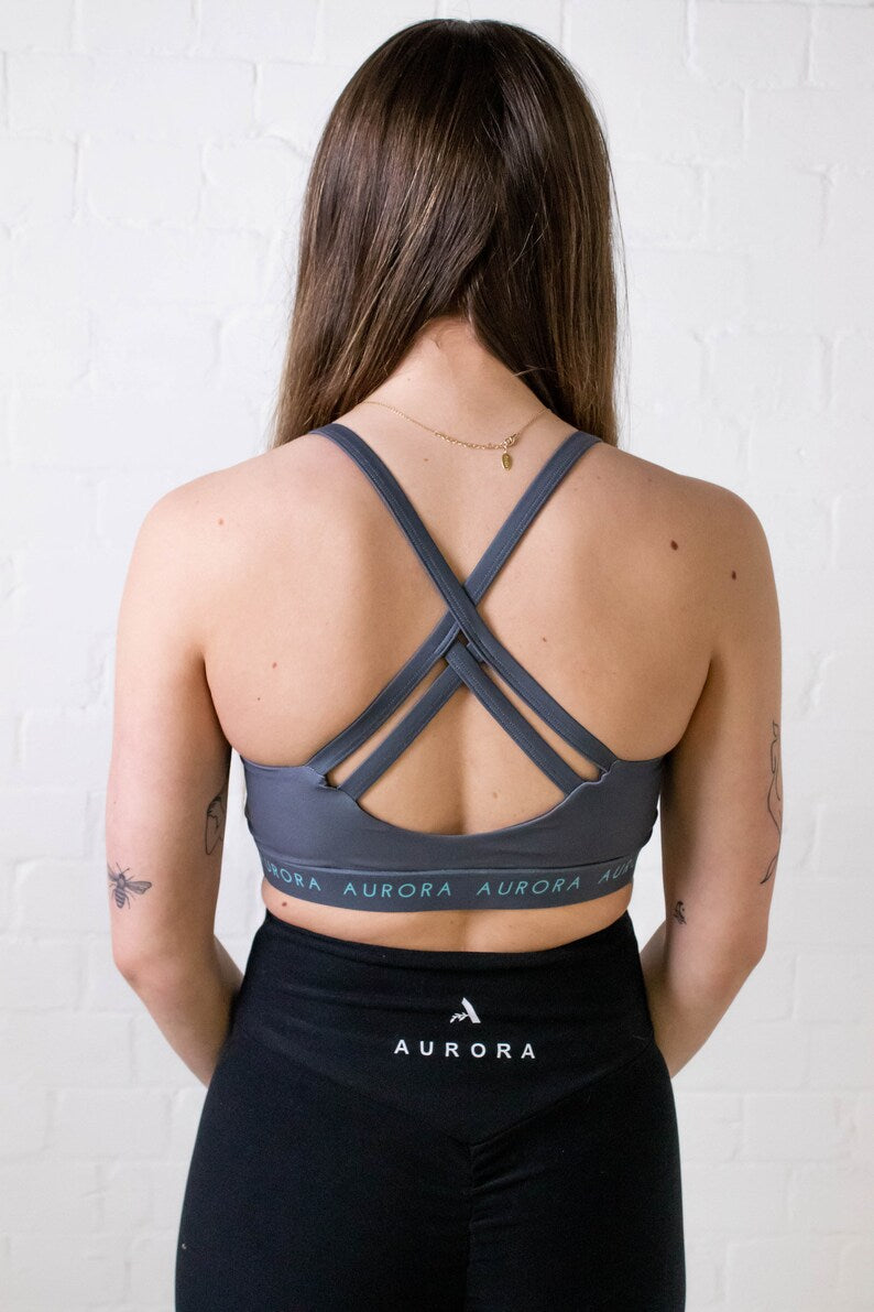 Recycled Activewear Strappy Sports Bra, Grey Cross-Strap Design