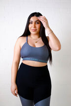 Recycled Activewear Strappy Sports Bra, Grey Cross-Strap Design