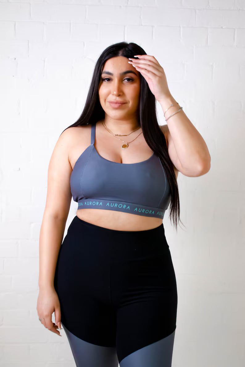 Recycled Activewear Strappy Sports Bra, Grey Cross-Strap Design