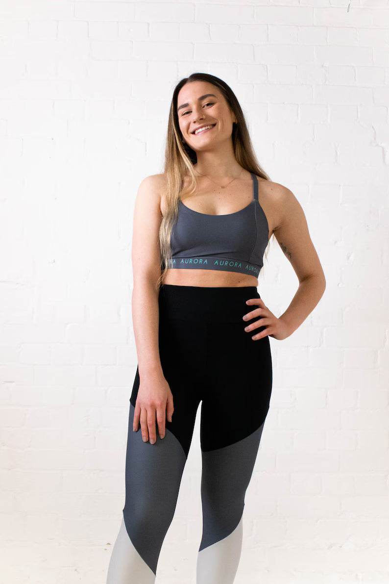 Recycled Activewear Strappy Sports Bra, Grey Cross-Strap Design