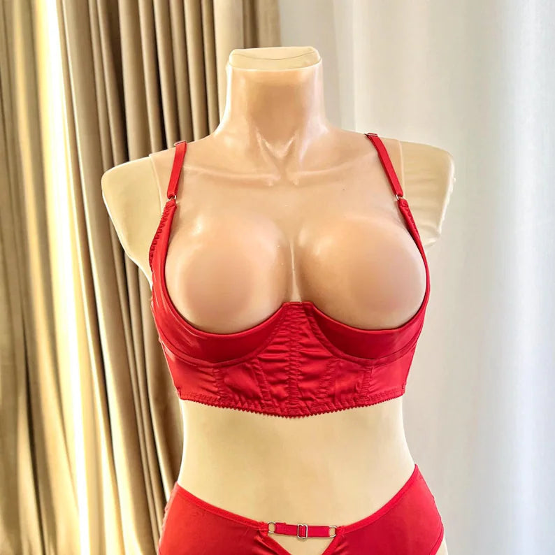 Plus Size Satin Cupless Corset Bra: Open Shelf, Extra Support