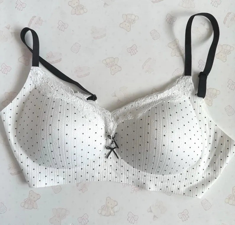 Cute women’s white polka dot lace bow black bra 75AB M Korean style