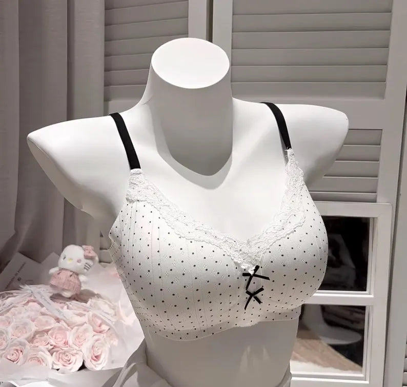 Cute women’s white polka dot lace bow black bra 75AB M Korean style
