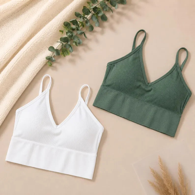 Women's Seamless Ribbed Bralette Set of 2, Wireless Comfort Bra, Soft Stretch Lounge Crop Top, Everyday Bra Pack