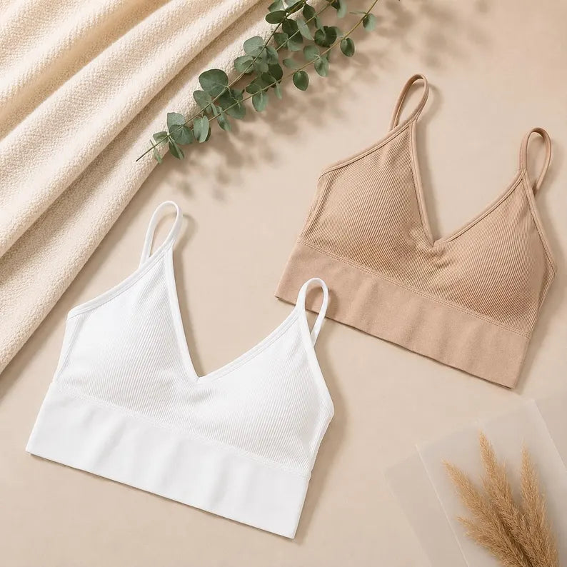 Women's Seamless Ribbed Bralette Set of 2, Wireless Comfort Bra, Soft Stretch Lounge Crop Top, Everyday Bra Pack