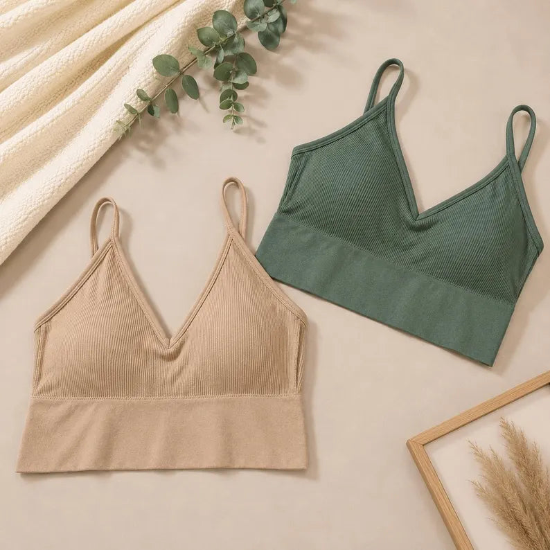 Women's Seamless Ribbed Bralette Set of 2, Wireless Comfort Bra, Soft Stretch Lounge Crop Top, Everyday Bra Pack