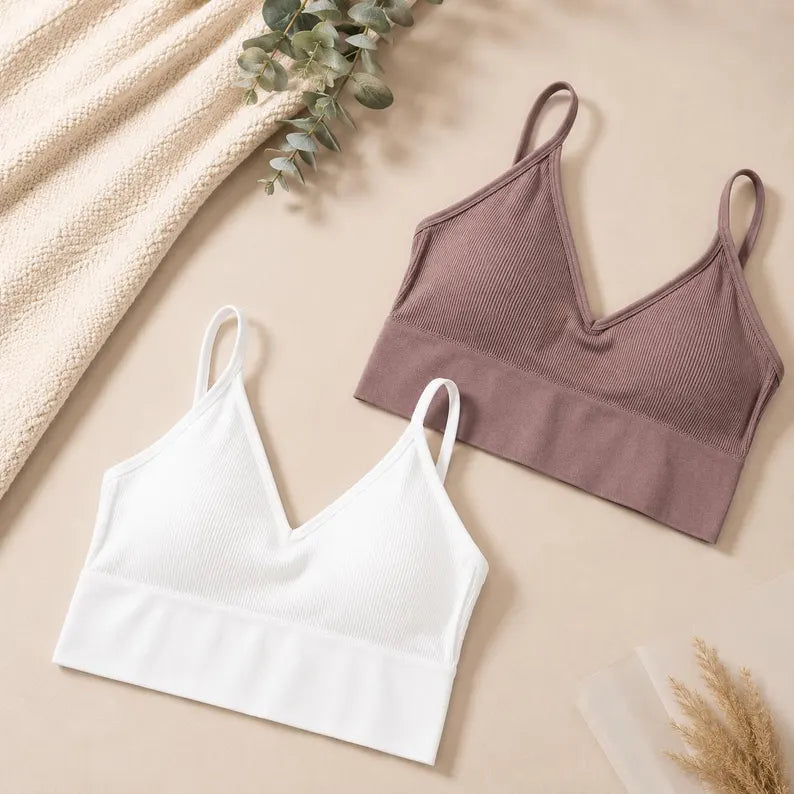 Women's Seamless Ribbed Bralette Set of 2, Wireless Comfort Bra, Soft Stretch Lounge Crop Top, Everyday Bra Pack