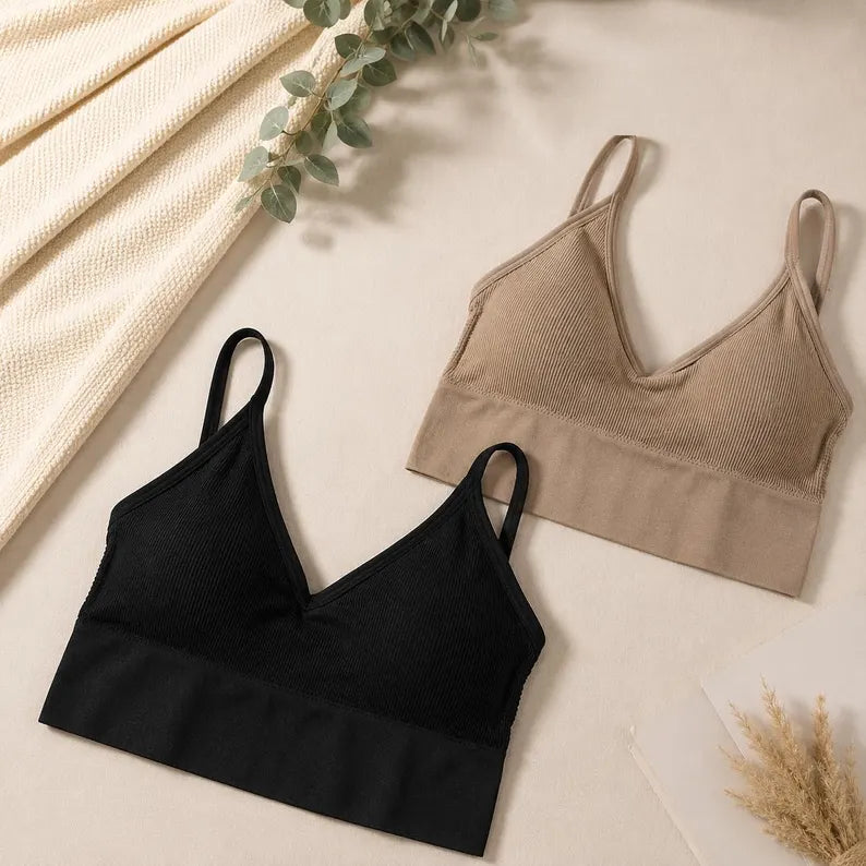 Women's Seamless Ribbed Bralette Set of 2, Wireless Comfort Bra, Soft Stretch Lounge Crop Top, Everyday Bra Pack