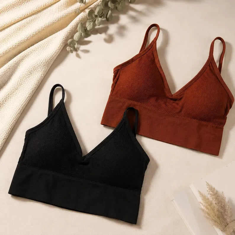 Women's Seamless Ribbed Bralette Set of 2, Wireless Comfort Bra, Soft Stretch Lounge Crop Top, Everyday Bra Pack